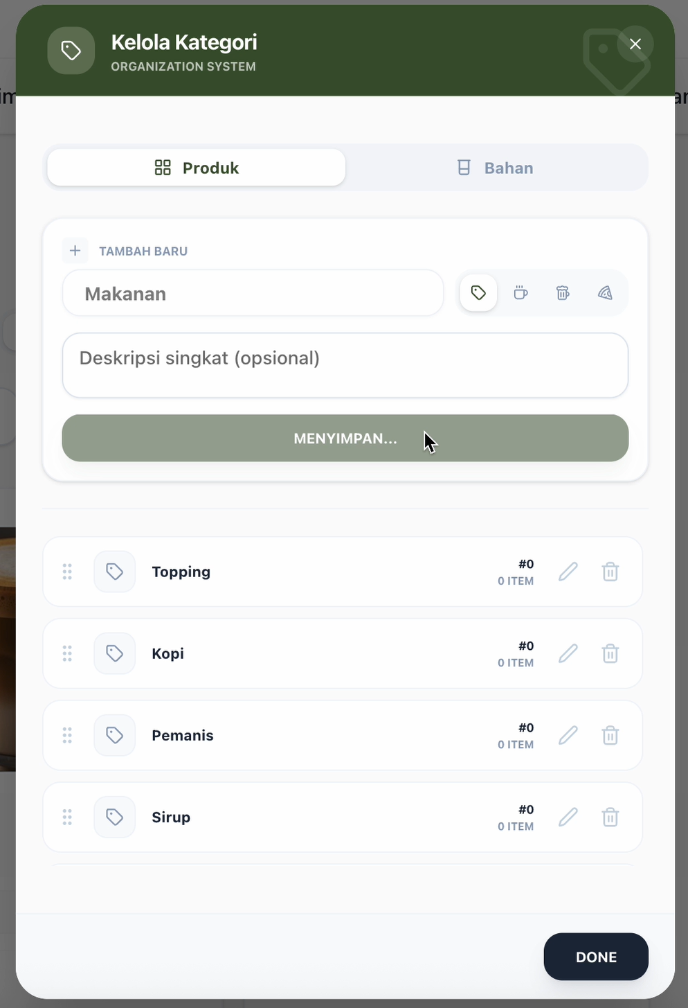 [PLACEHOLDER] Popup Kelola Kategori pada tab Produk dengan daftar kategori yang ada dan kolom input baru