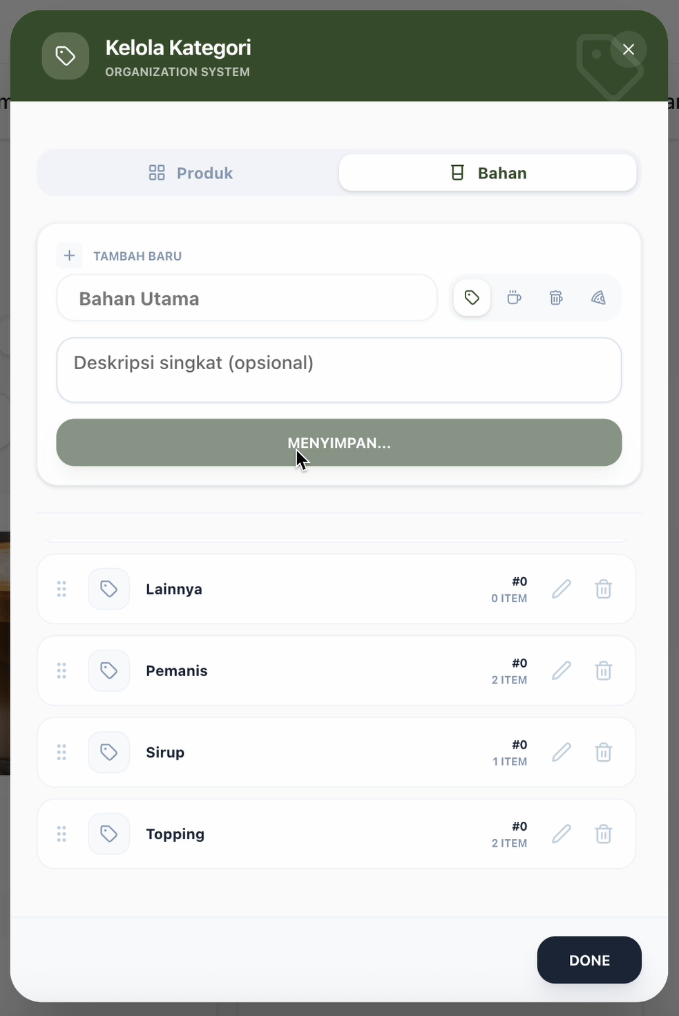 [PLACEHOLDER] Popup Kelola Kategori pada tab Bahan (Ingredient) untuk mengelompokkan stok